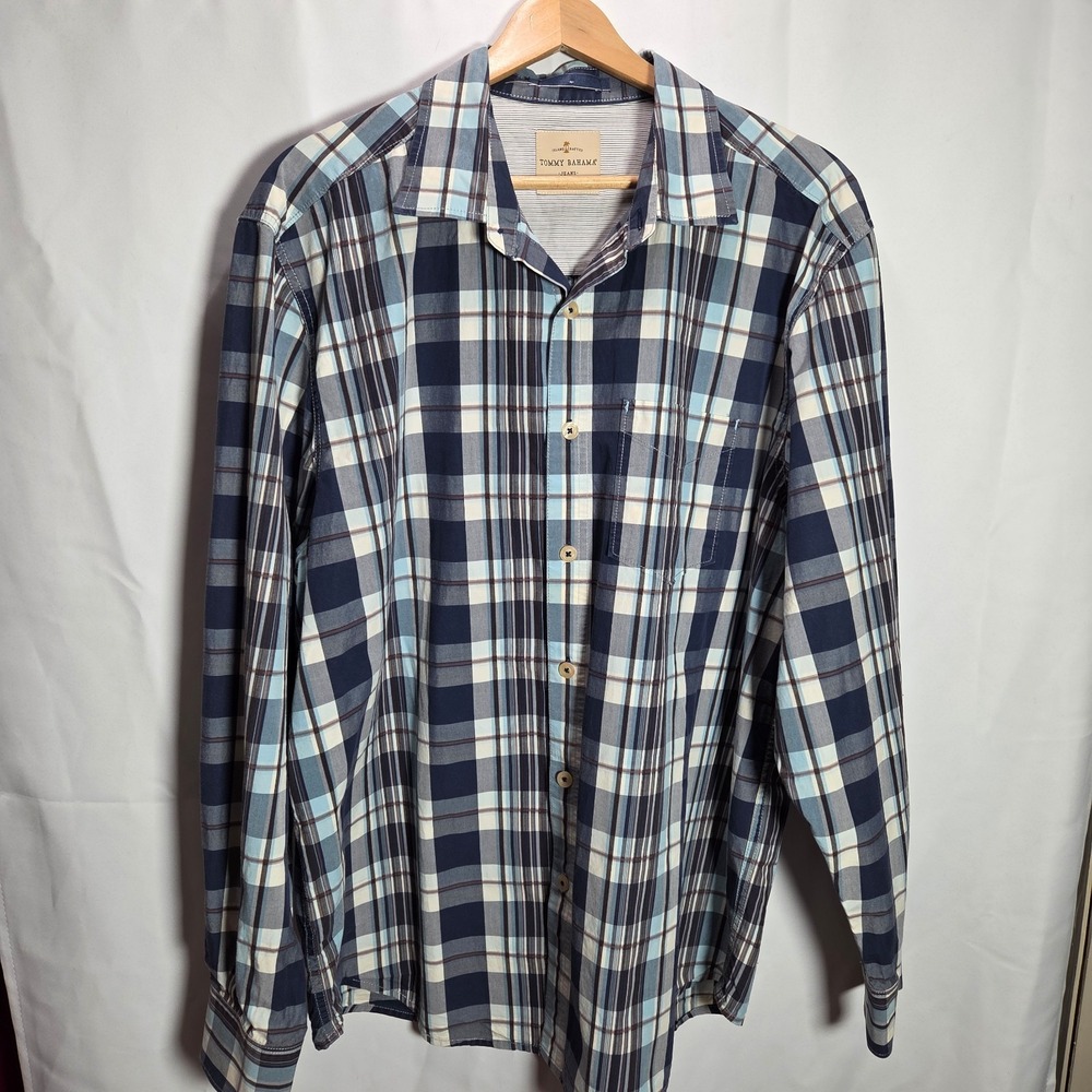 Tommy Bahama XL  Coastal Blue Plaid Long‎ Sleeve Button Down Casual Cotton Shirt